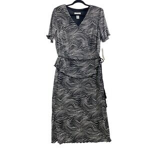 Connected Woman‎ Midi Dress Size 14W  Black White Abstract Print Faux Wrap